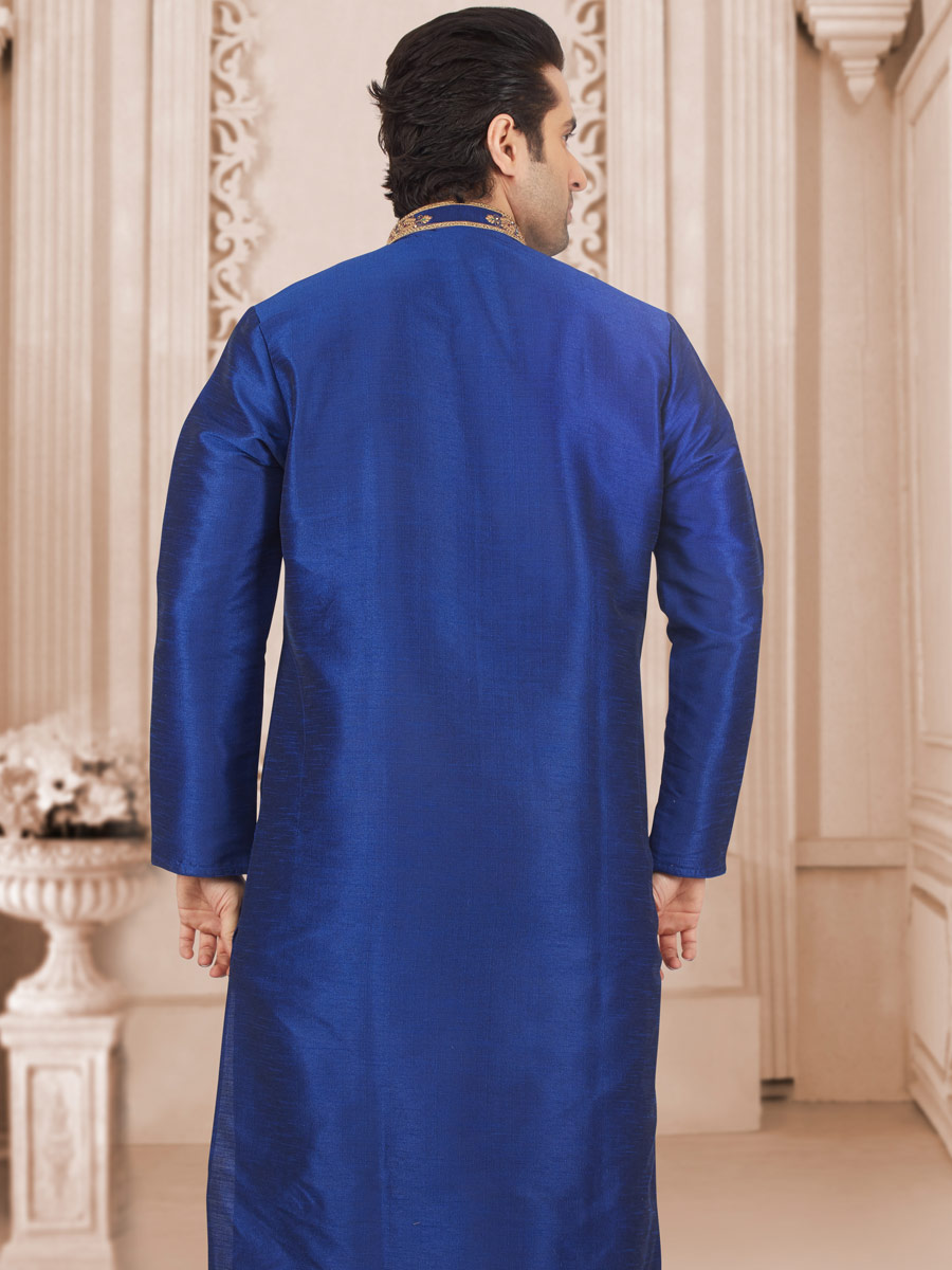 Dark Blue Art Banarasi Silk Embroidered Festival Kurta