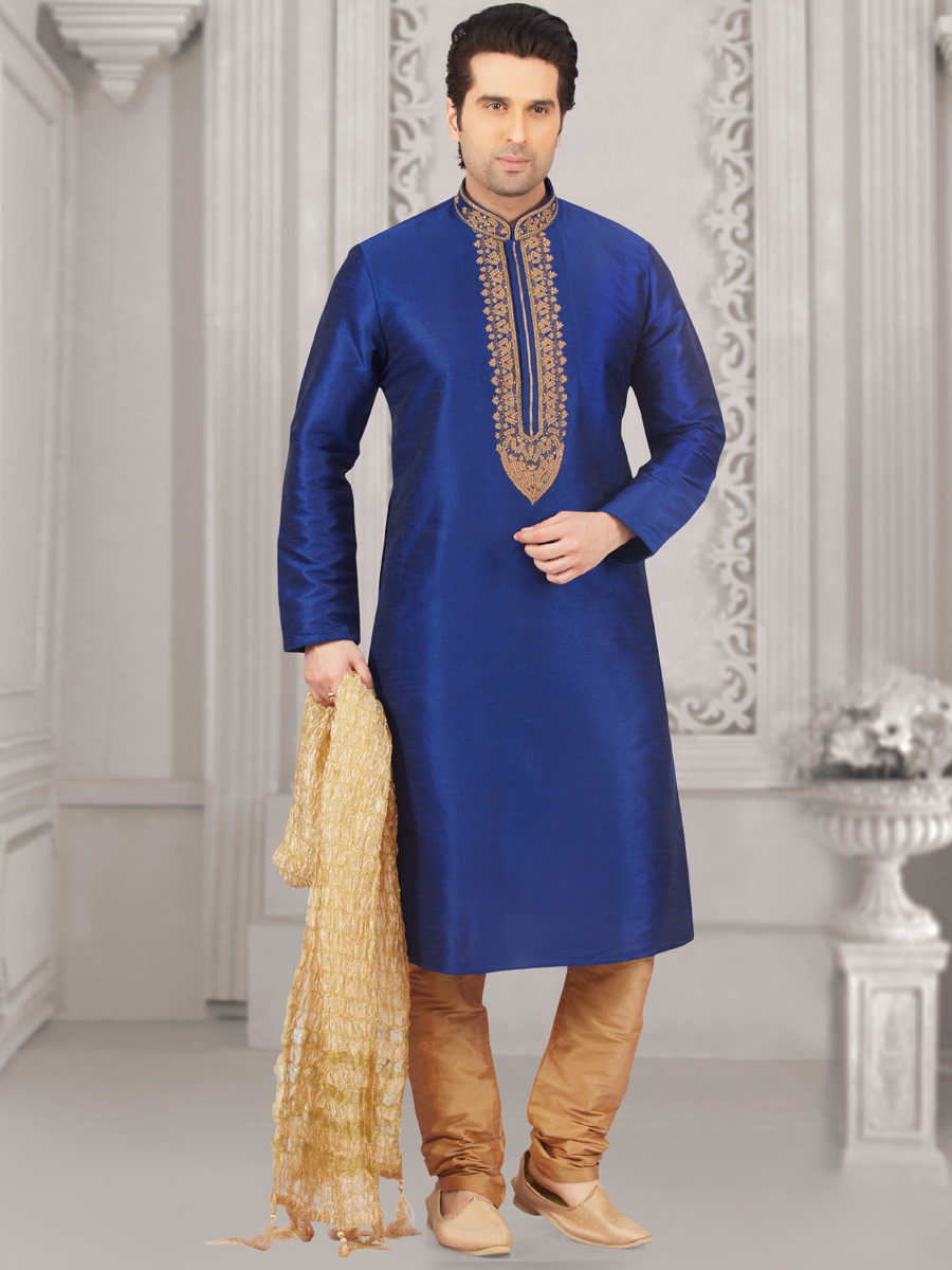 Dark Blue Art Banarasi Silk Embroidered Festival Kurta