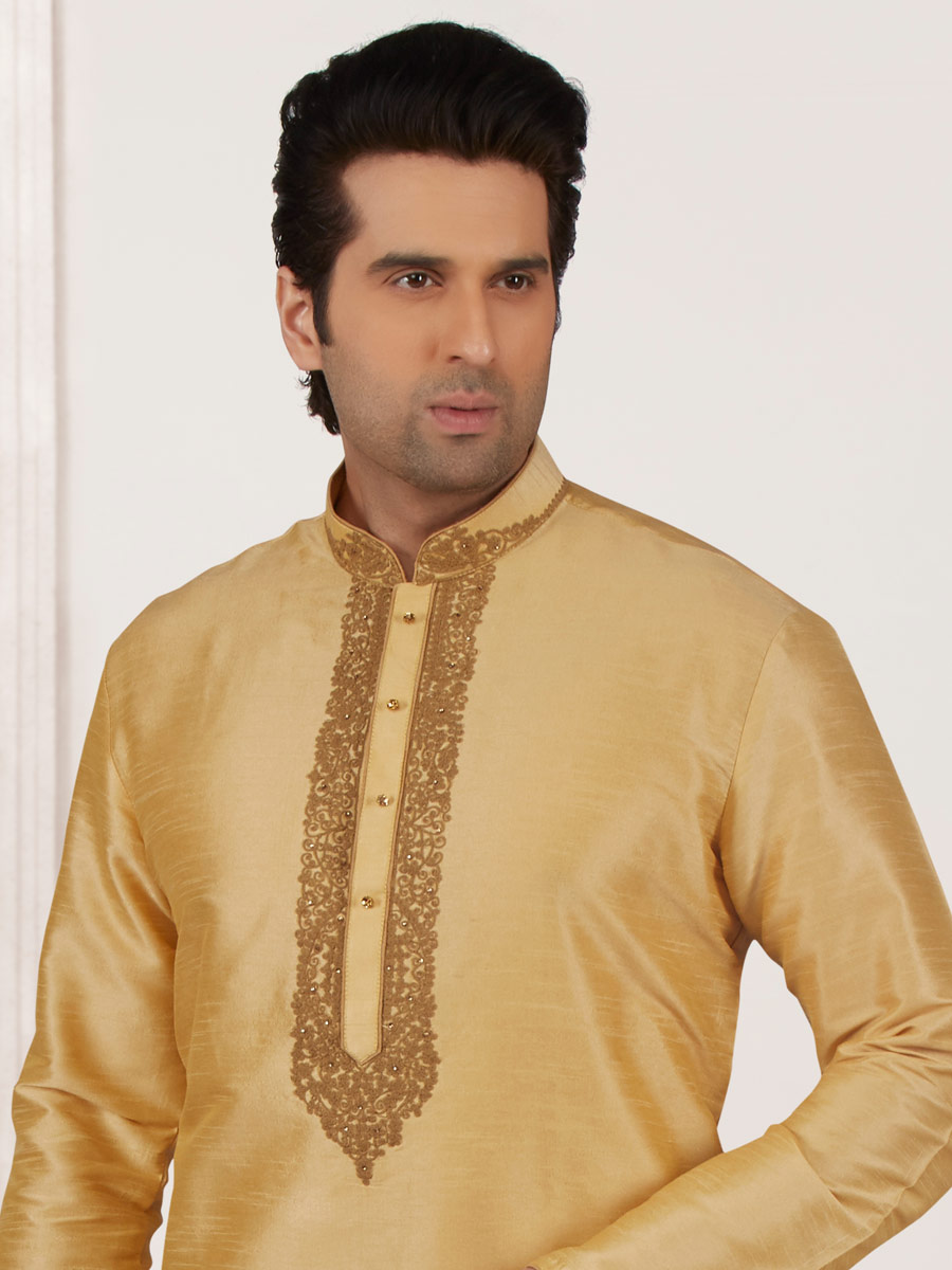 Lemon Chiffon Yellow Art Banarasi Silk Embroidered Festival Kurta