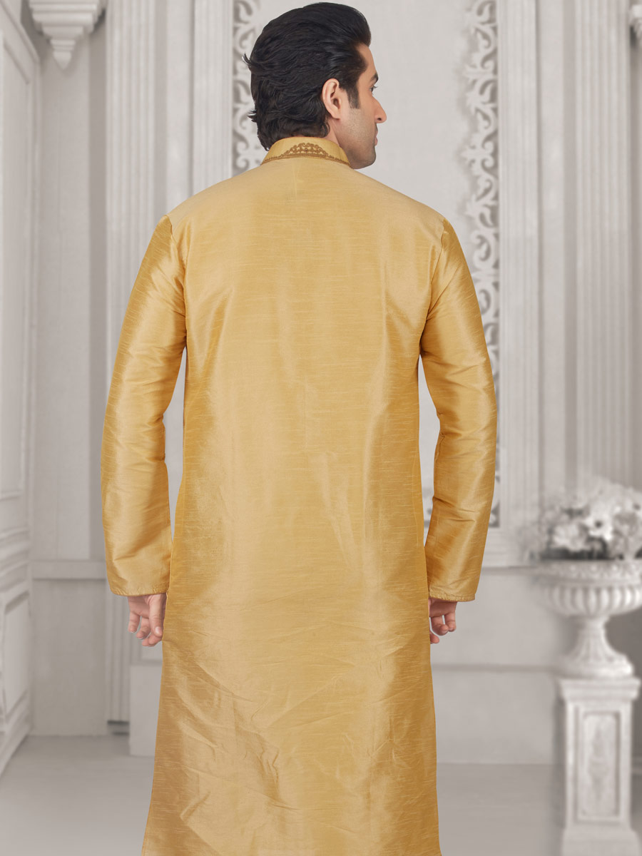 Lemon Chiffon Yellow Art Banarasi Silk Embroidered Festival Kurta
