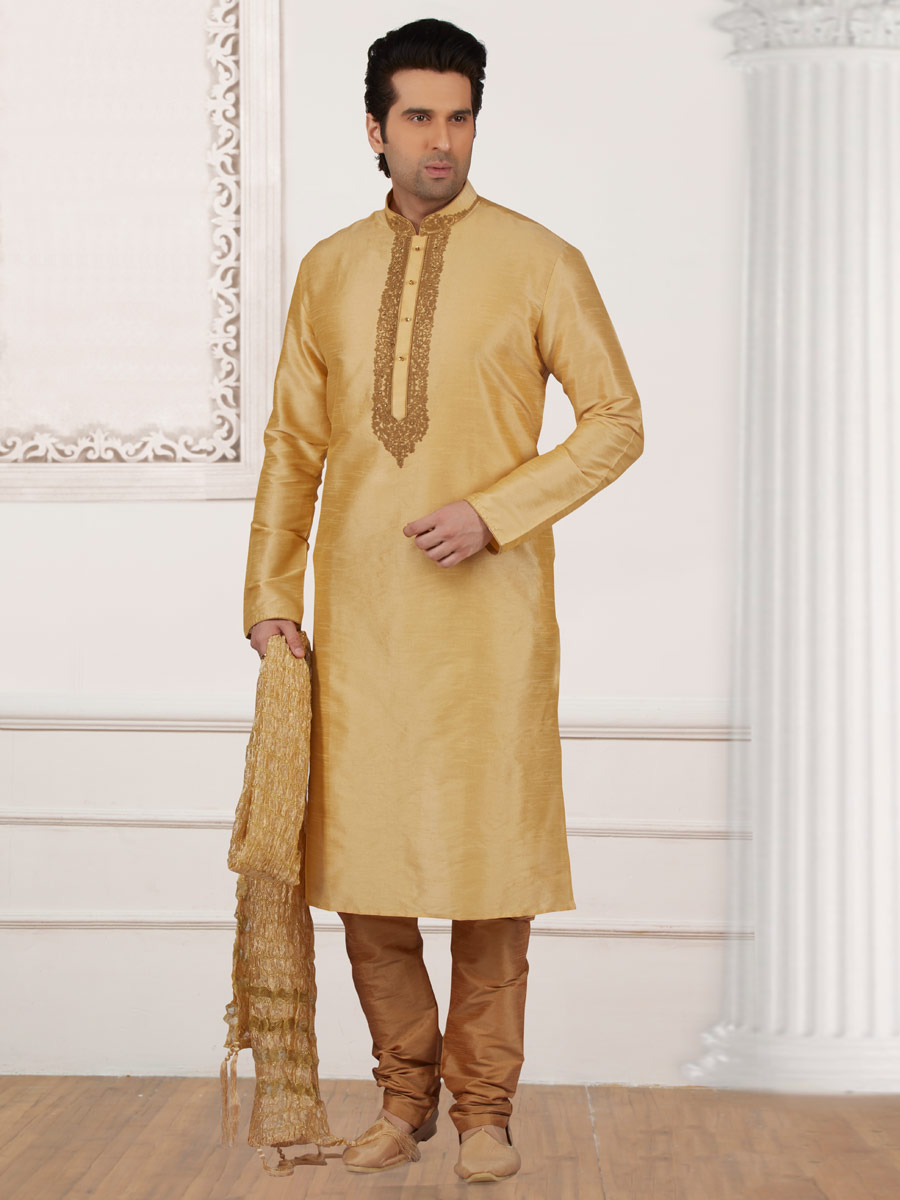 Lemon Chiffon Yellow Art Banarasi Silk Embroidered Festival Kurta