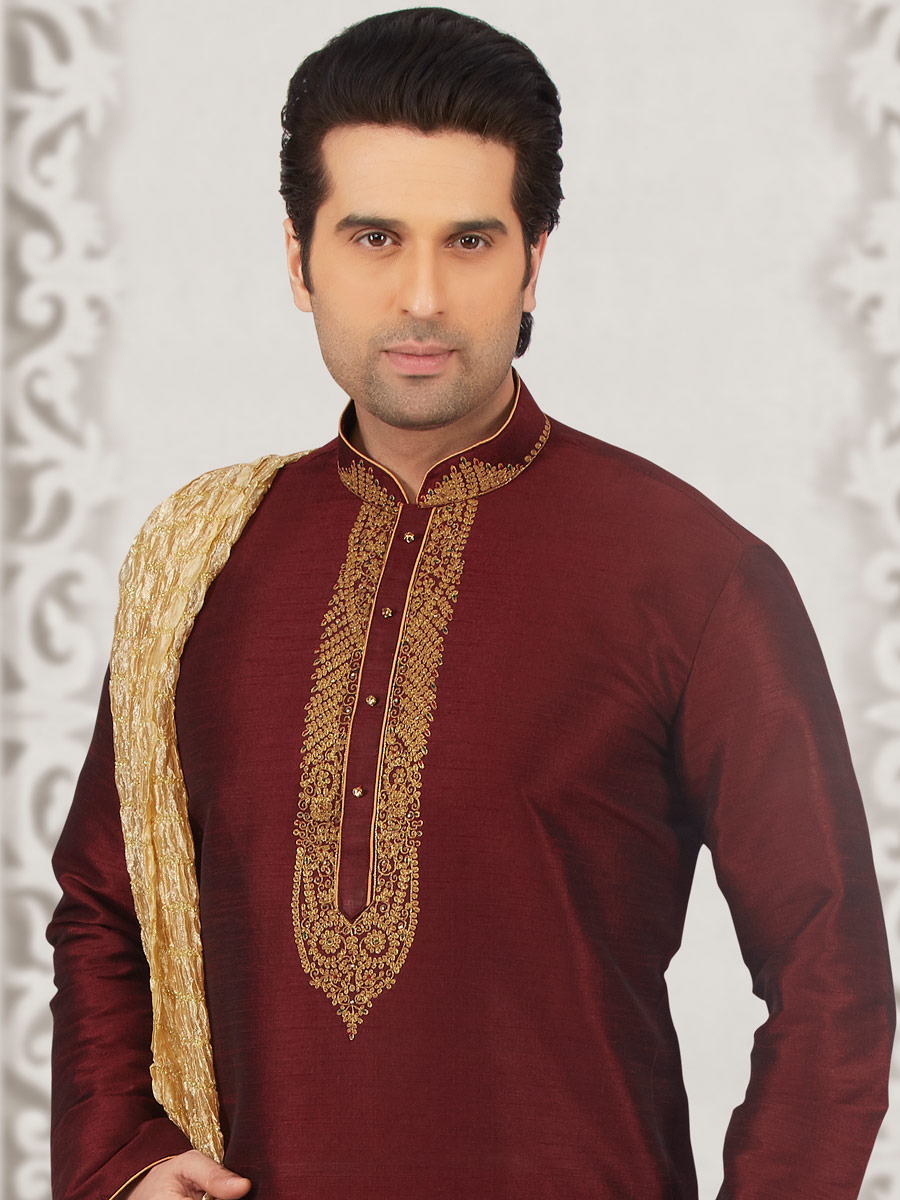 Maroon Art Banarasi Silk Embroidered Festival Kurta