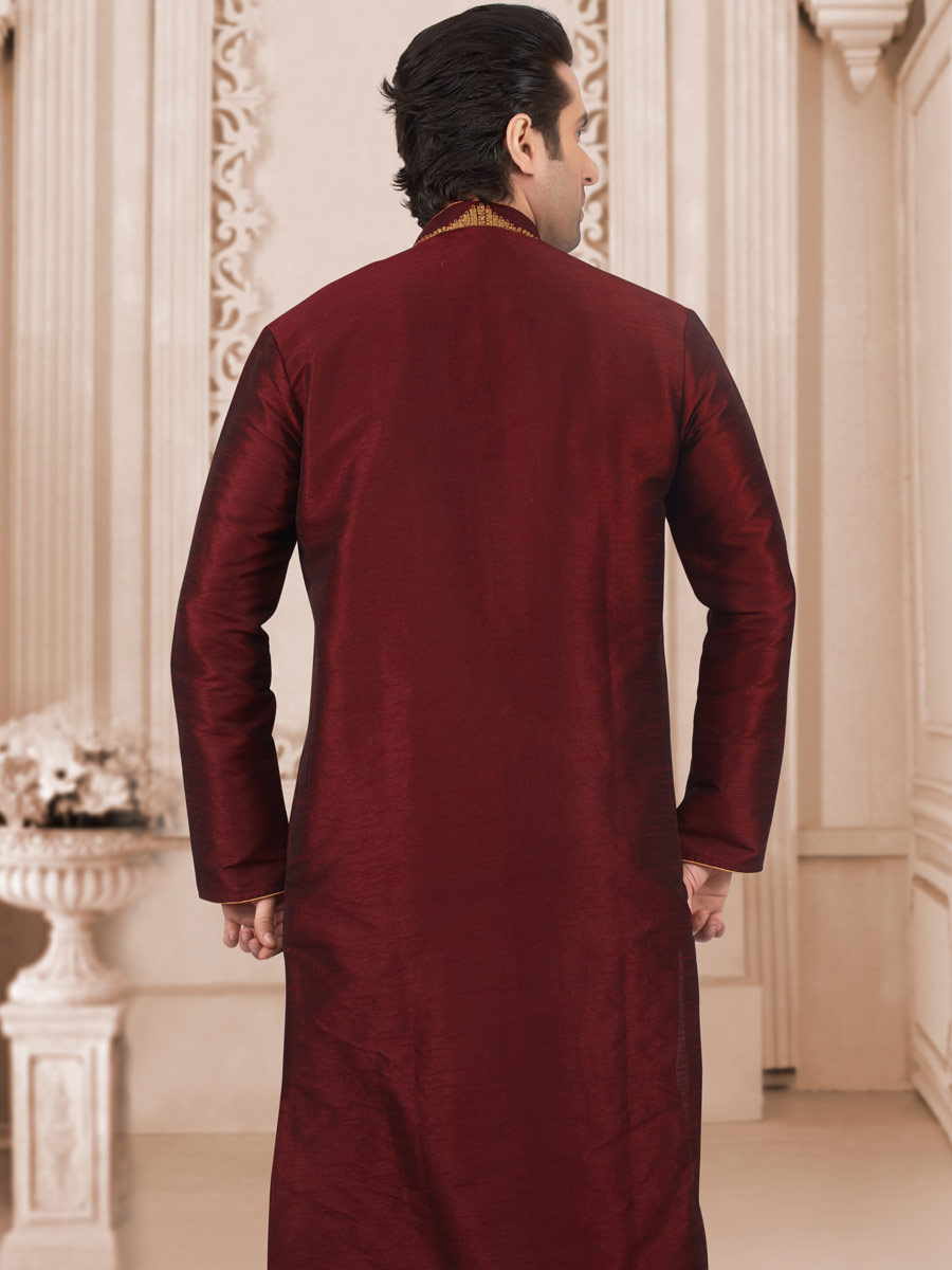 Maroon Art Banarasi Silk Embroidered Festival Kurta