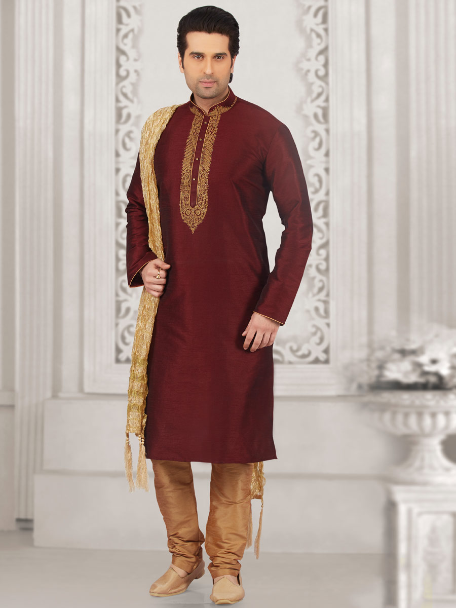 Maroon Art Banarasi Silk Embroidered Festival Kurta