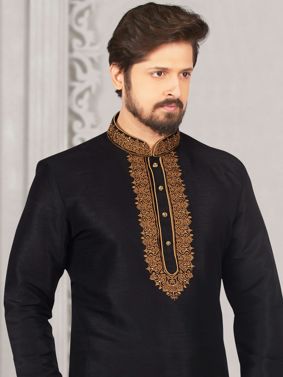 Black Art Banarasi Silk Embroidered Festival Kurta