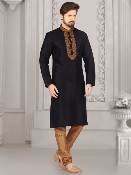 Black Art Banarasi Silk Embroidered Festival Kurta