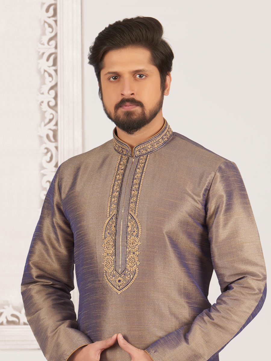 Khaki Brown Art Banarasi Silk Embroidered Festival Kurta