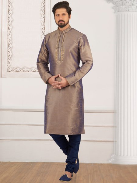 Khaki Brown Art Banarasi Silk Embroidered Festival Kurta