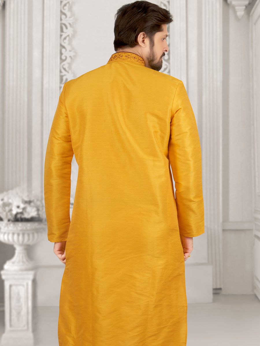 Amber Yellow Art Banarasi Silk Embroidered Festival Kurta
