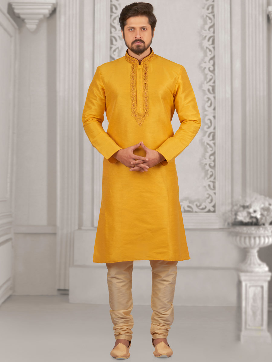Amber Yellow Art Banarasi Silk Embroidered Festival Kurta