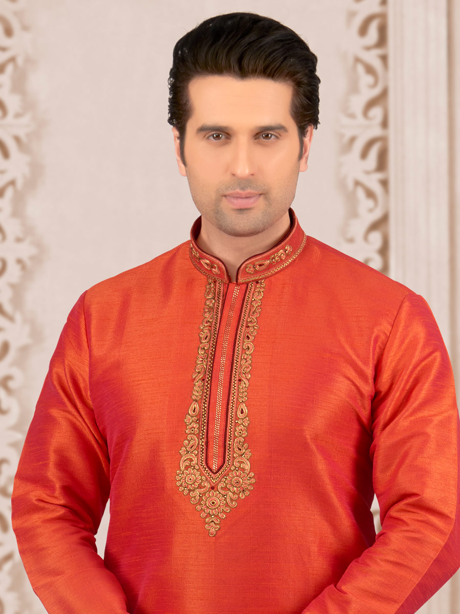 Tomato Orange Art Banarasi Silk Embroidered Festival Kurta