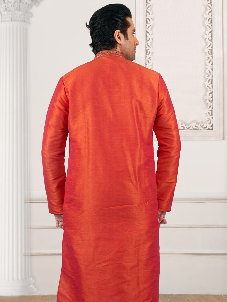 Tomato Orange Art Banarasi Silk Embroidered Festival Kurta