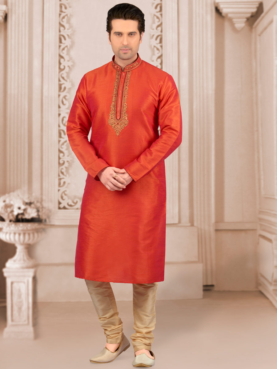 Tomato Orange Art Banarasi Silk Embroidered Festival Kurta