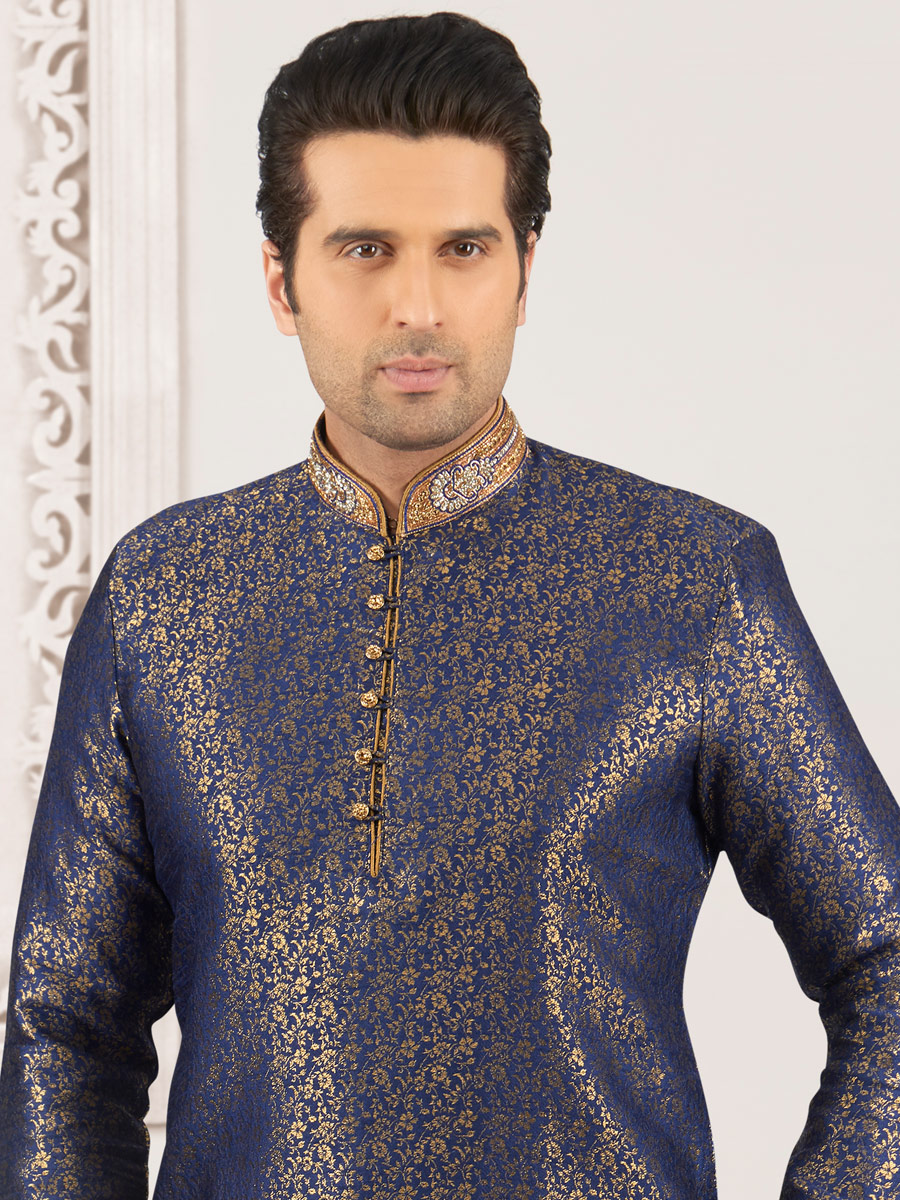 Sapphire Blue Jacquard And Brocade Silk Embroidered Festival Kurta