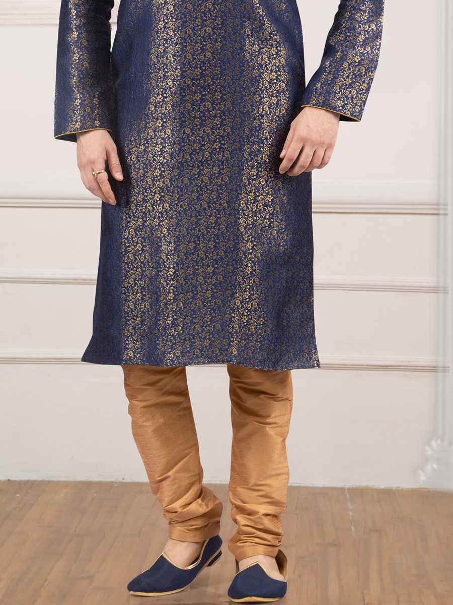 Sapphire Blue Jacquard And Brocade Silk Embroidered Festival Kurta