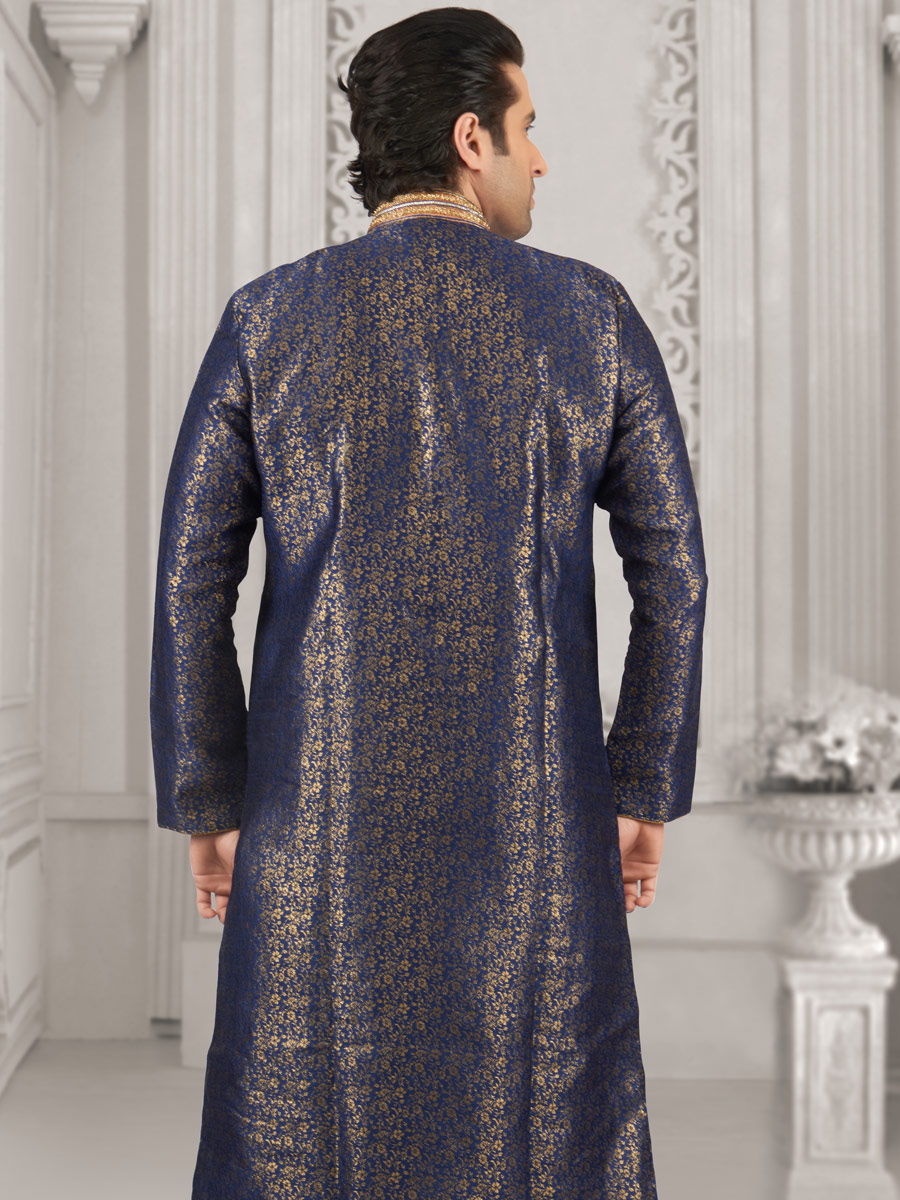 Sapphire Blue Jacquard And Brocade Silk Embroidered Festival Kurta
