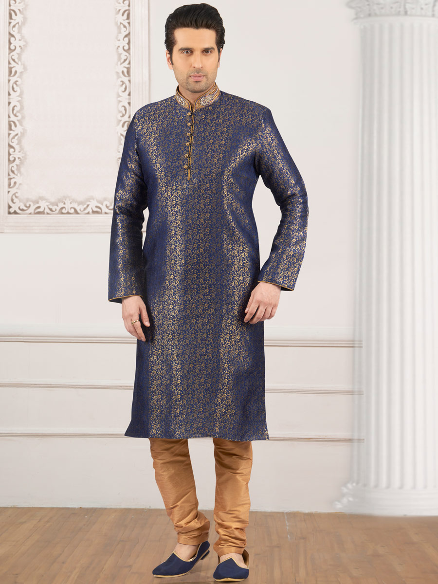 Sapphire Blue Jacquard And Brocade Silk Embroidered Festival Kurta