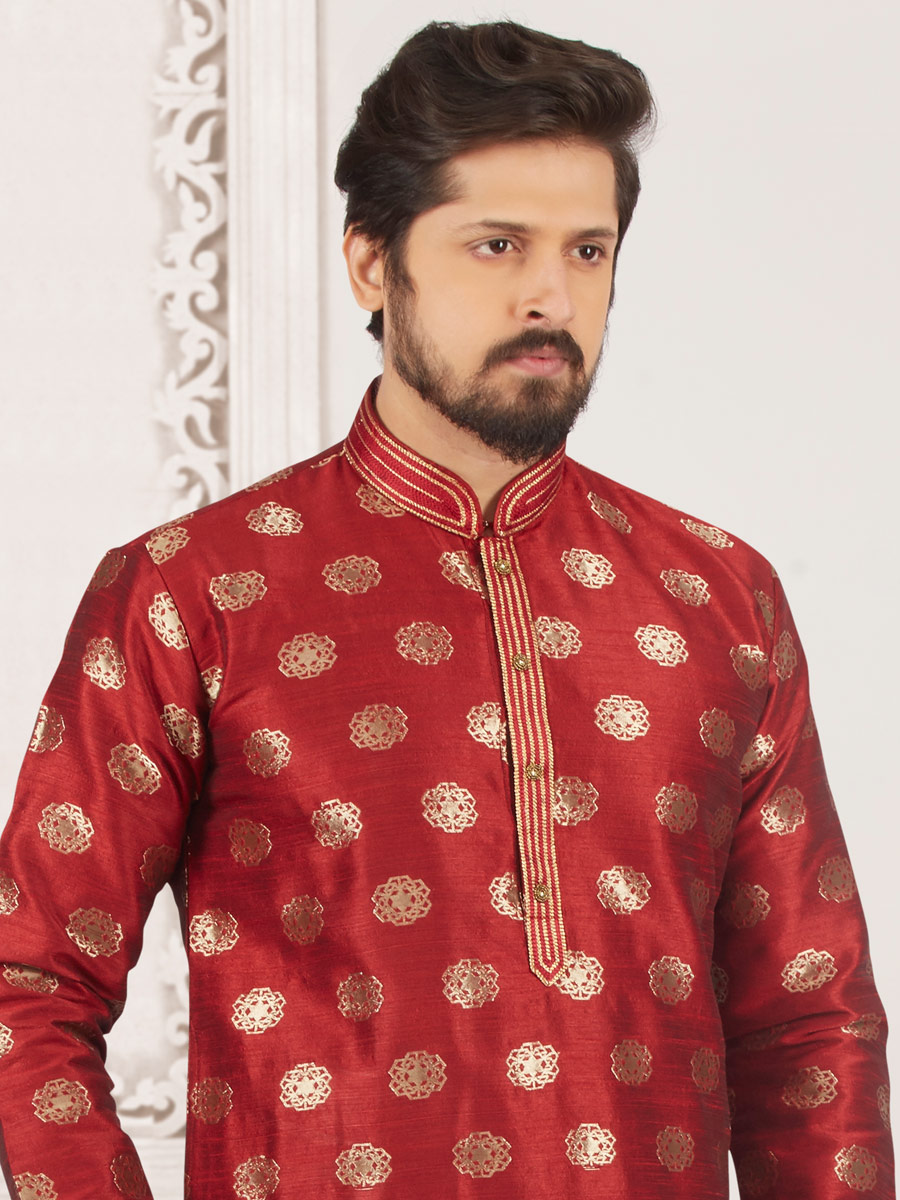 Maroon Jacquard And Brocade Silk Embroidered Festival Kurta