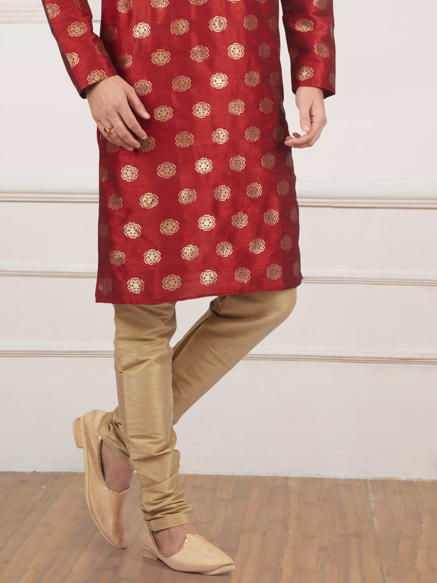 Maroon Jacquard And Brocade Silk Embroidered Festival Kurta