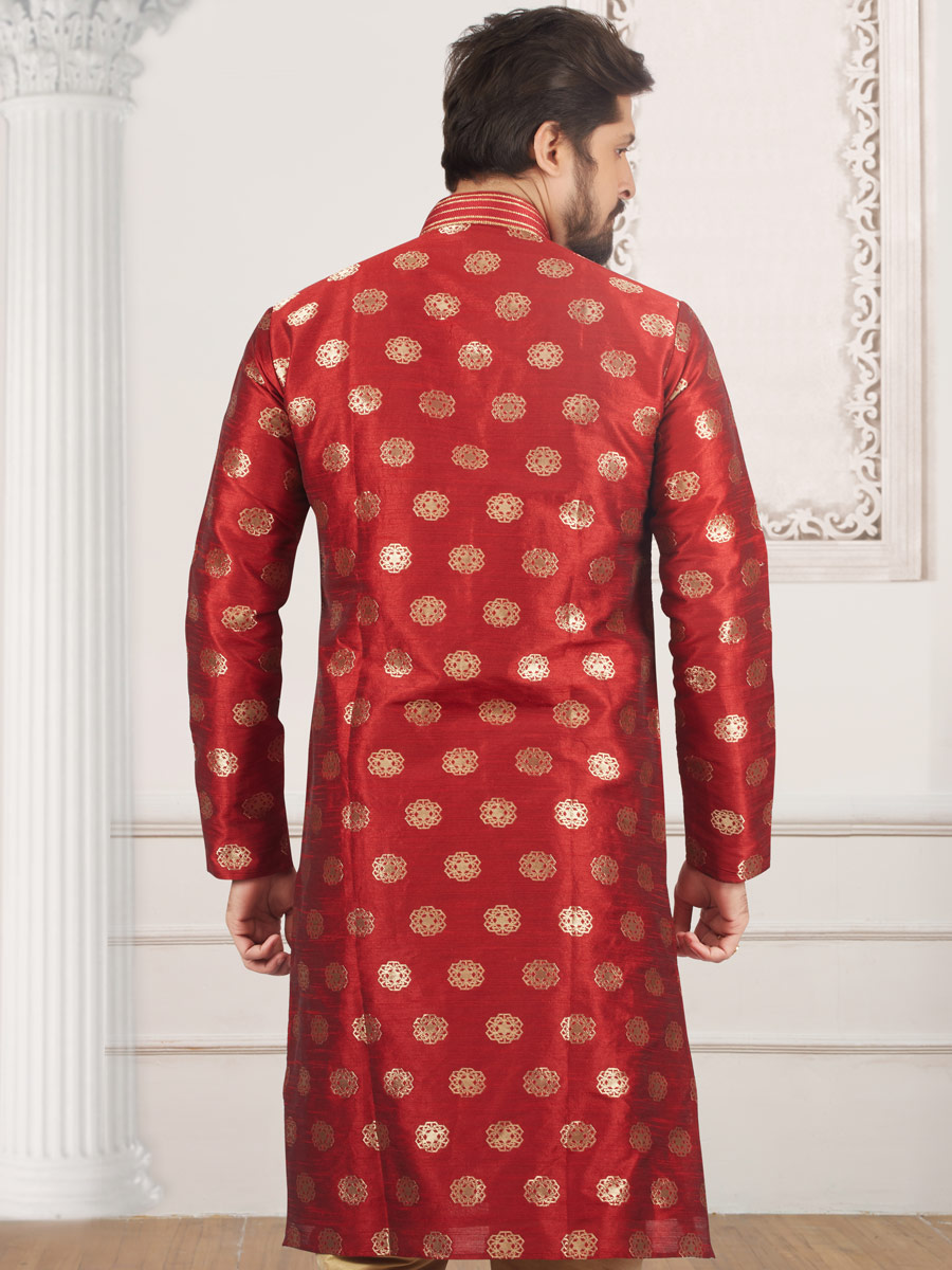 Maroon Jacquard And Brocade Silk Embroidered Festival Kurta