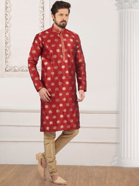 Maroon Jacquard And Brocade Silk Embroidered Festival Kurta