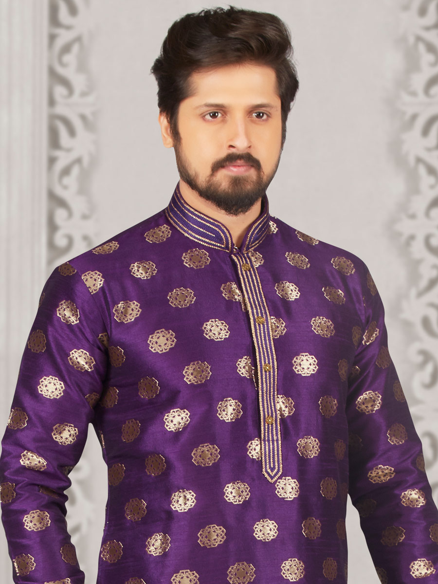 Amethyst Violet Jacquard And Brocade Silk Embroidered Festival Kurta