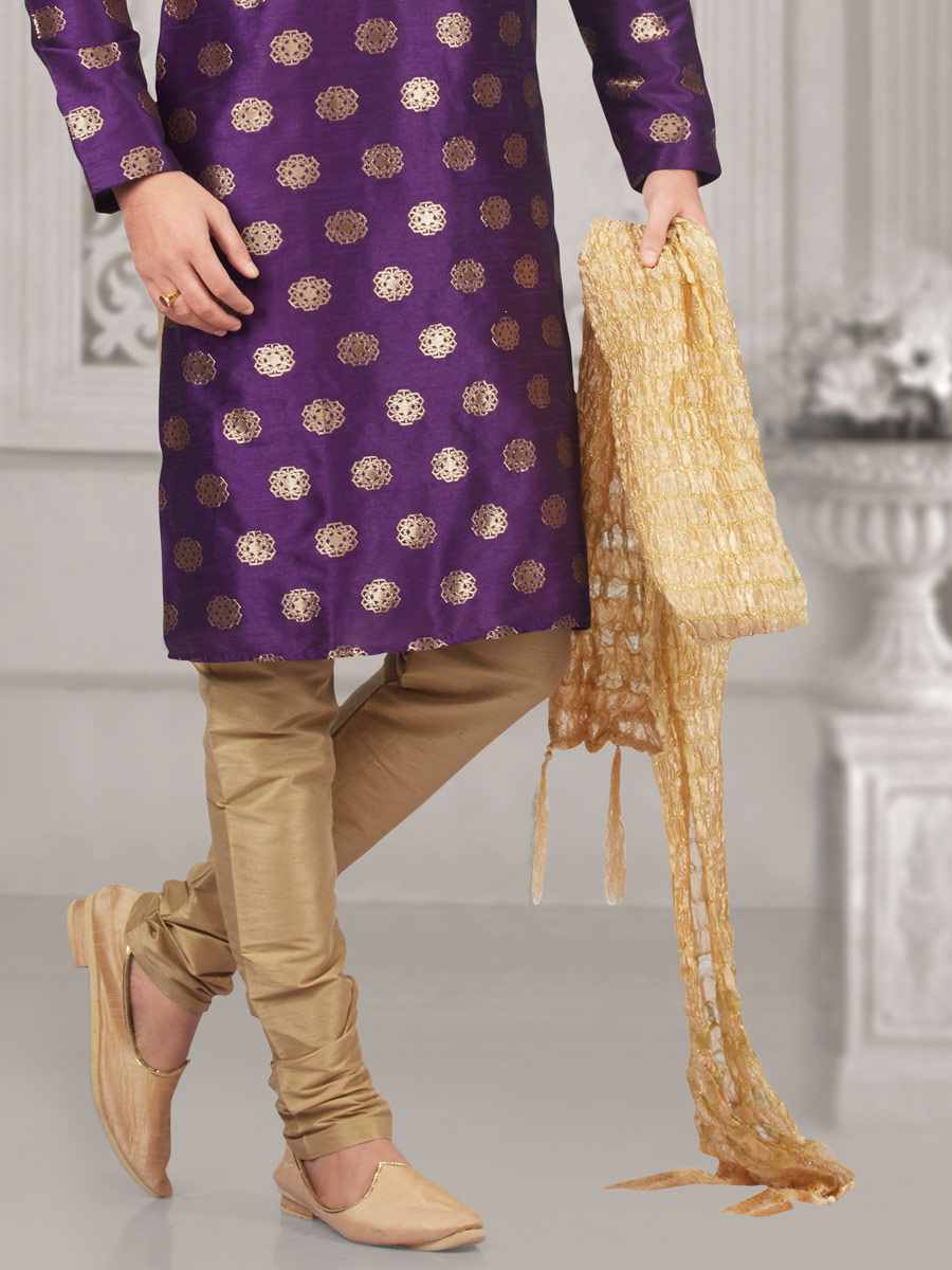 Amethyst Violet Jacquard And Brocade Silk Embroidered Festival Kurta