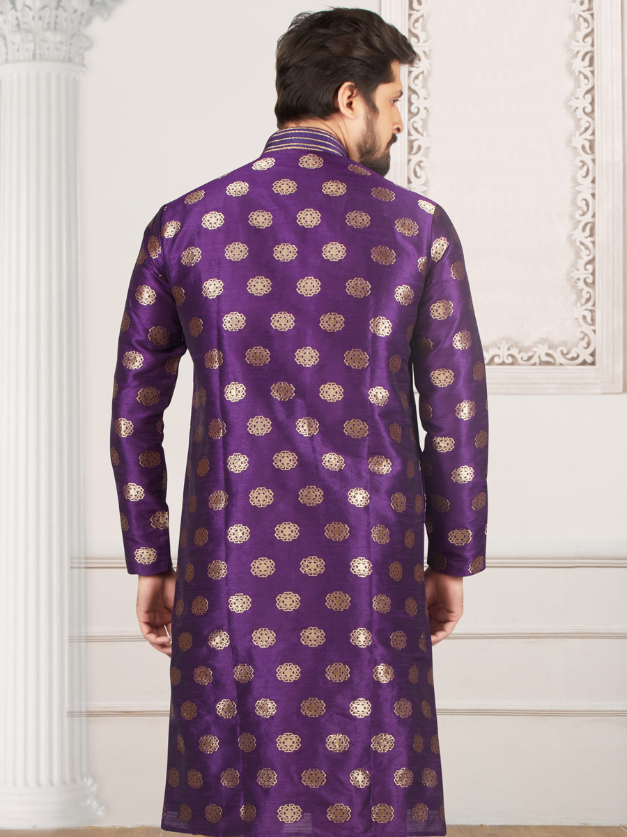 Amethyst Violet Jacquard And Brocade Silk Embroidered Festival Kurta