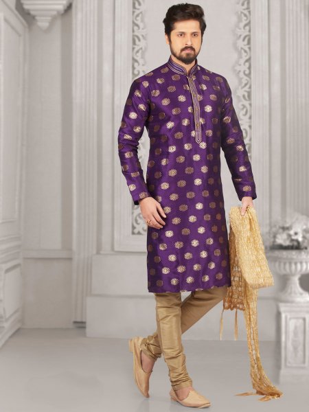 Amethyst Violet Jacquard And Brocade Silk Embroidered Festival Kurta