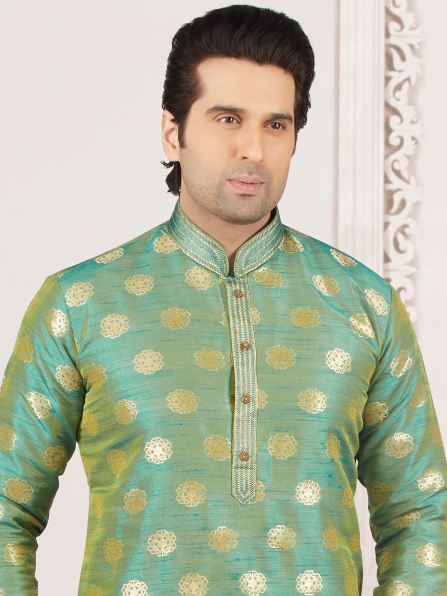 Moss Green Jacquard And Brocade Silk Embroidered Festival Kurta