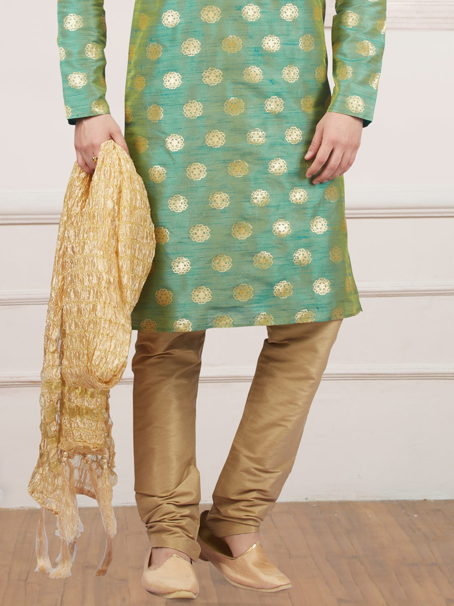 Moss Green Jacquard And Brocade Silk Embroidered Festival Kurta