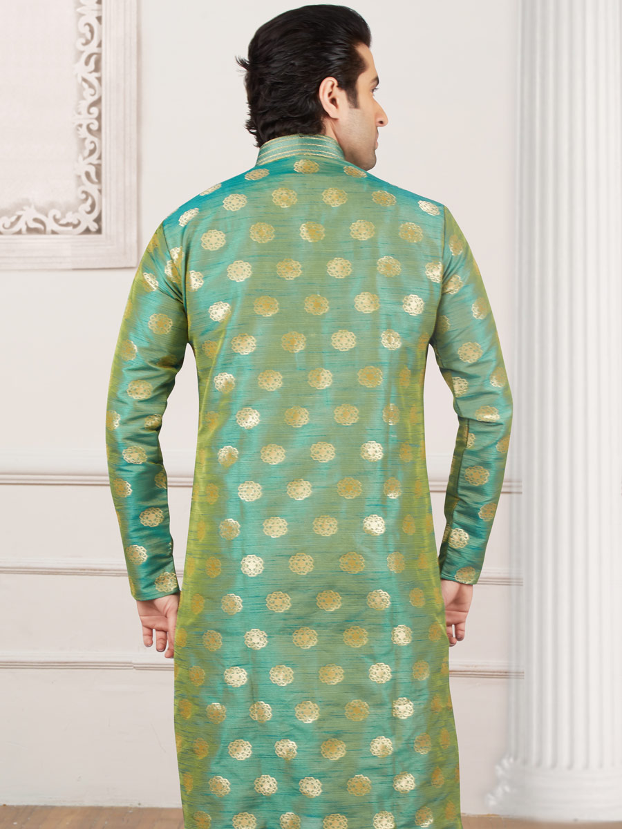 Moss Green Jacquard And Brocade Silk Embroidered Festival Kurta