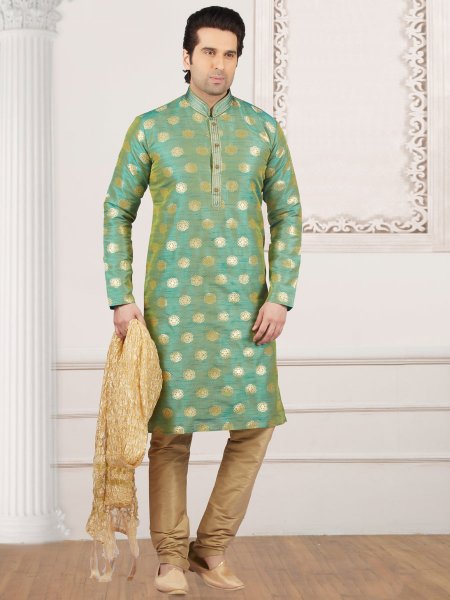 Moss Green Jacquard And Brocade Silk Embroidered Festival Kurta