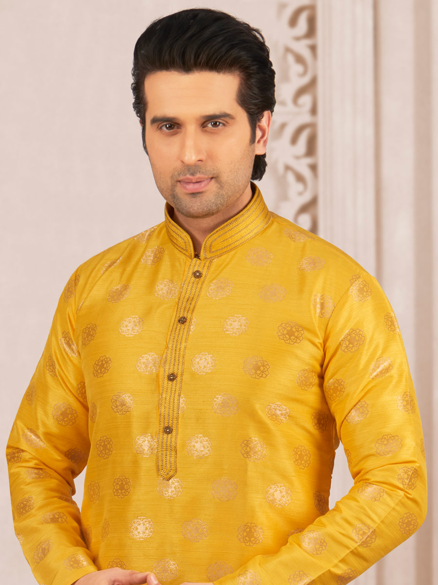Maize Yellow Jacquard And Brocade Silk Embroidered Festival Kurta