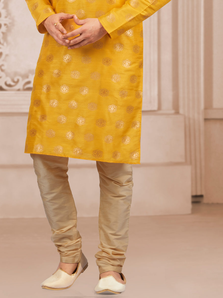 Maize Yellow Jacquard And Brocade Silk Embroidered Festival Kurta
