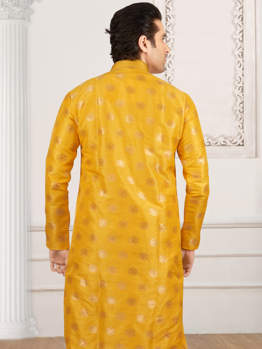 Maize Yellow Jacquard And Brocade Silk Embroidered Festival Kurta