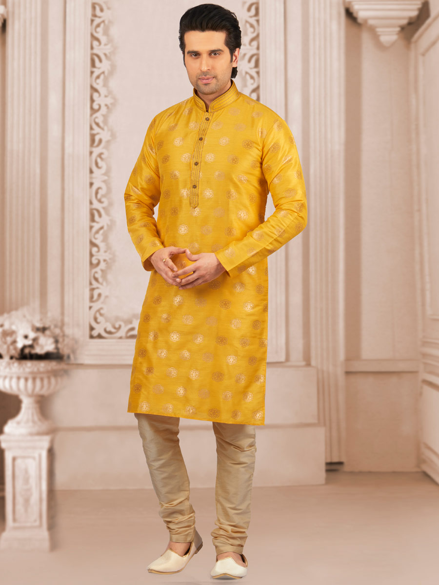 Maize Yellow Jacquard And Brocade Silk Embroidered Festival Kurta