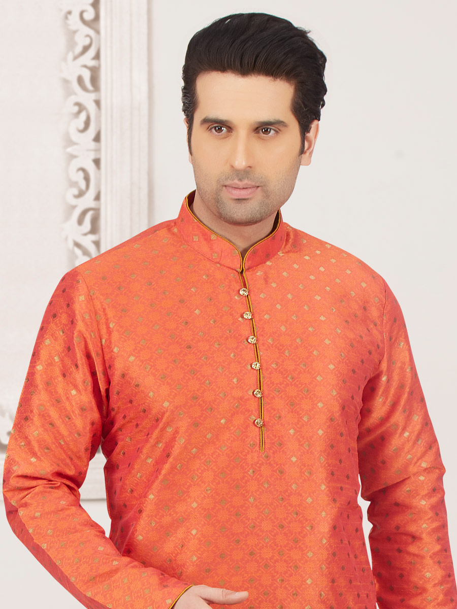 Tomato Orange Jacquard And Brocade Silk Embroidered Festival Kurta