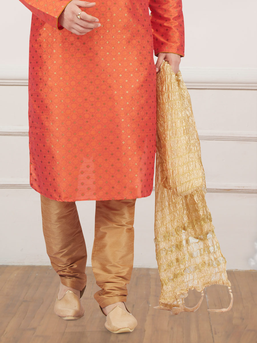 Tomato Orange Jacquard And Brocade Silk Embroidered Festival Kurta
