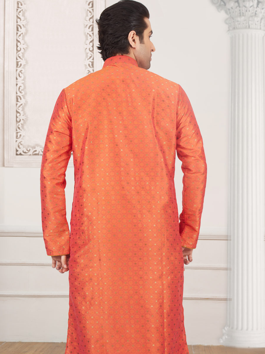 Tomato Orange Jacquard And Brocade Silk Embroidered Festival Kurta