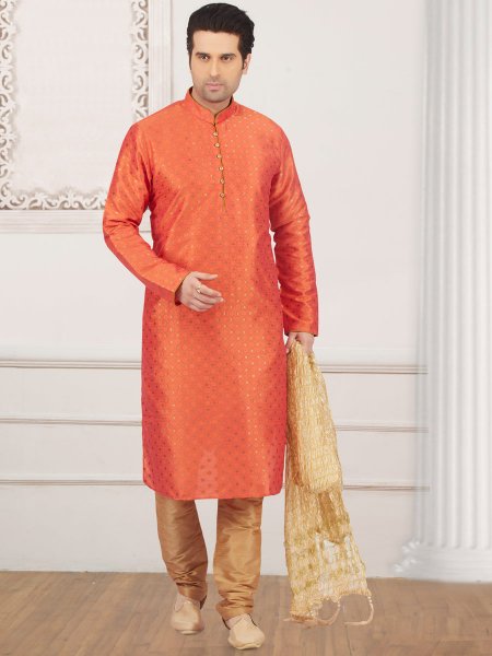Tomato Orange Jacquard And Brocade Silk Embroidered Festival Kurta