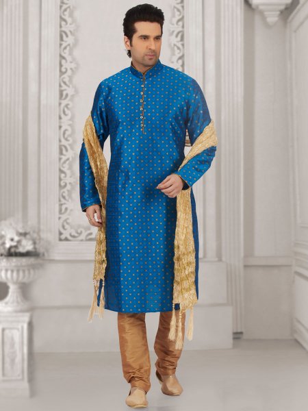 Denim Blue Jacquard And Brocade Silk Embroidered Festival Kurta