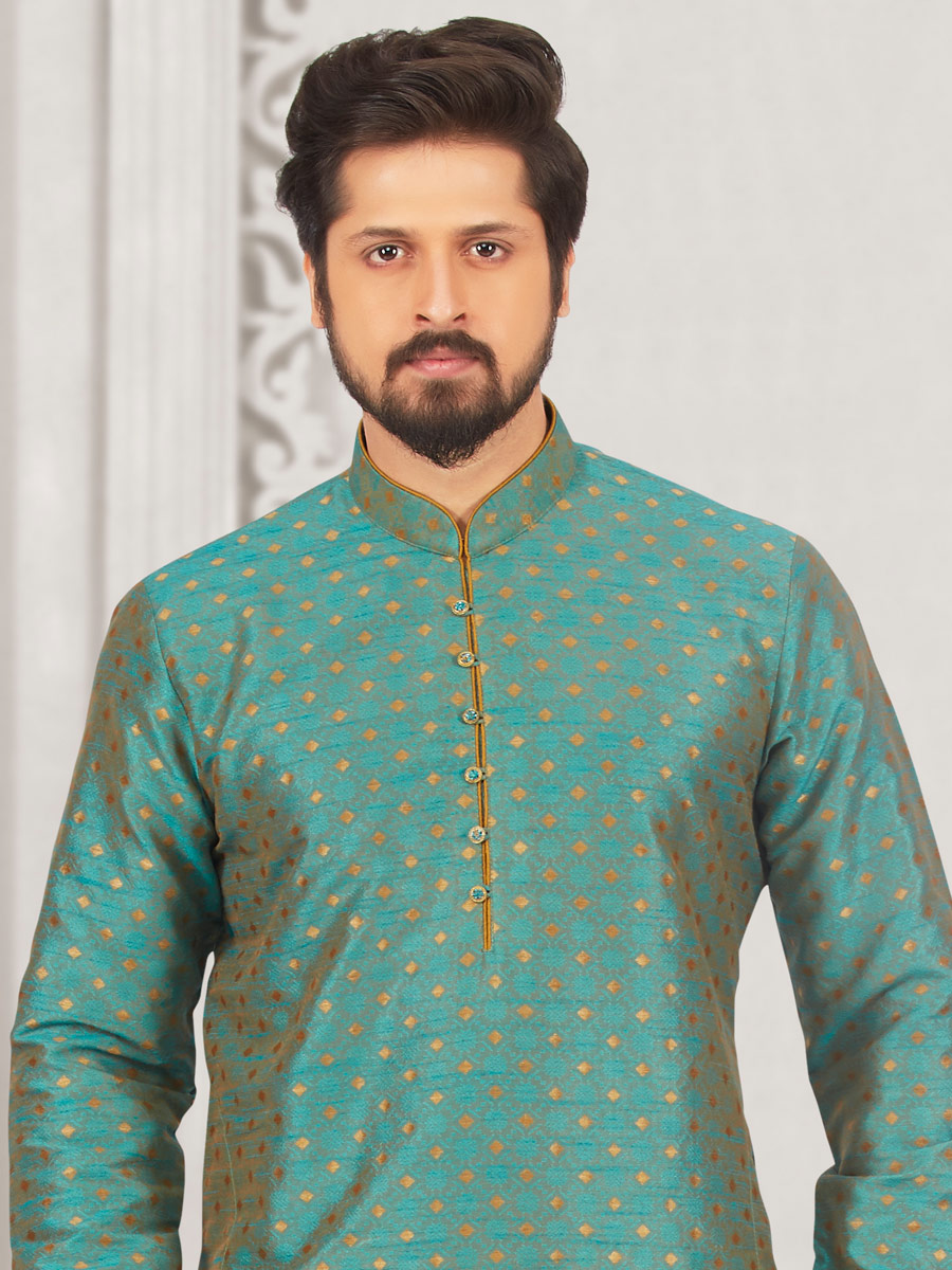 Teal Blue Jacquard And Brocade Silk Embroidered Festival Kurta