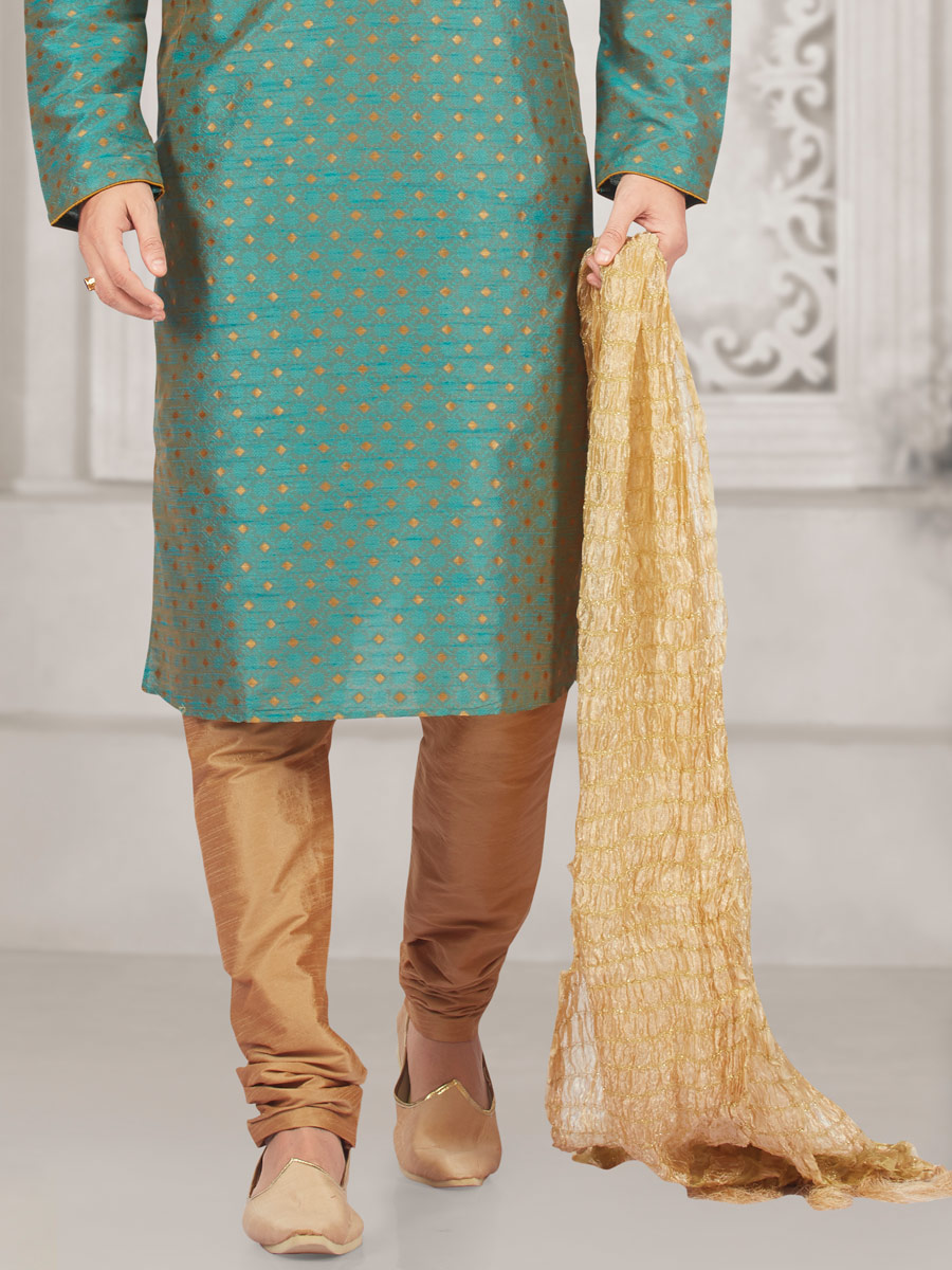 Teal Blue Jacquard And Brocade Silk Embroidered Festival Kurta