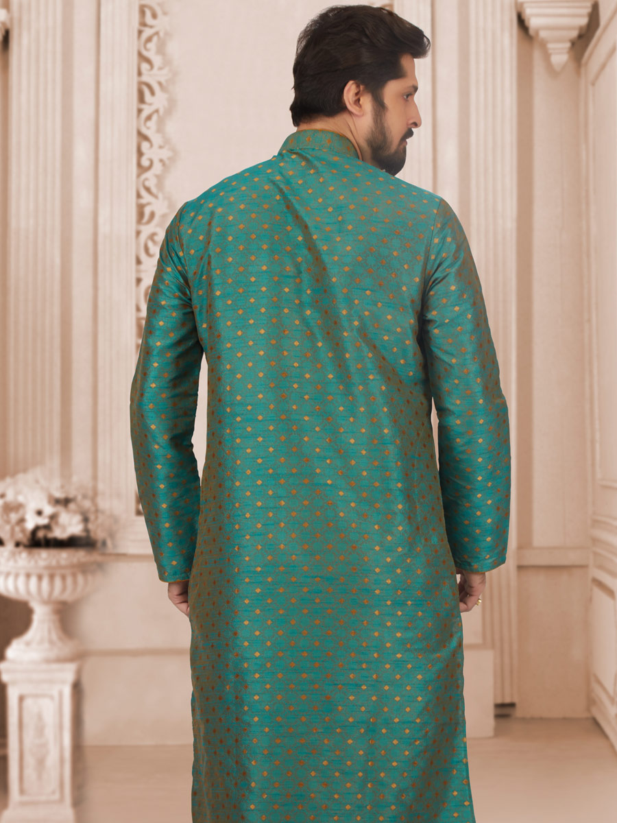 Teal Blue Jacquard And Brocade Silk Embroidered Festival Kurta