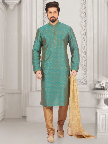 Teal Blue Jacquard And Brocade Silk Embroidered Festival Kurta