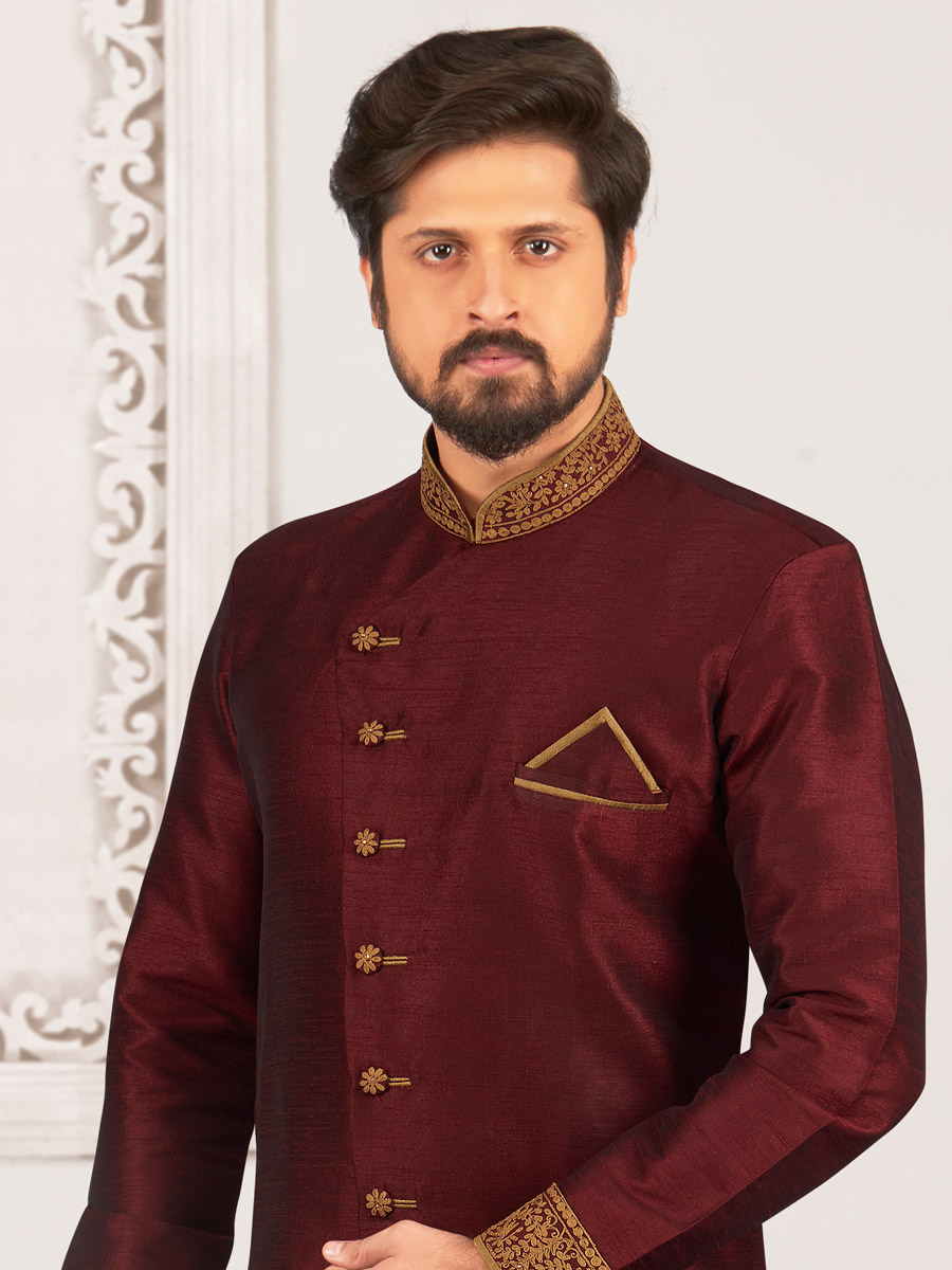 Maroon Art Banarasi Silk Embroidered Wedding Sherwani