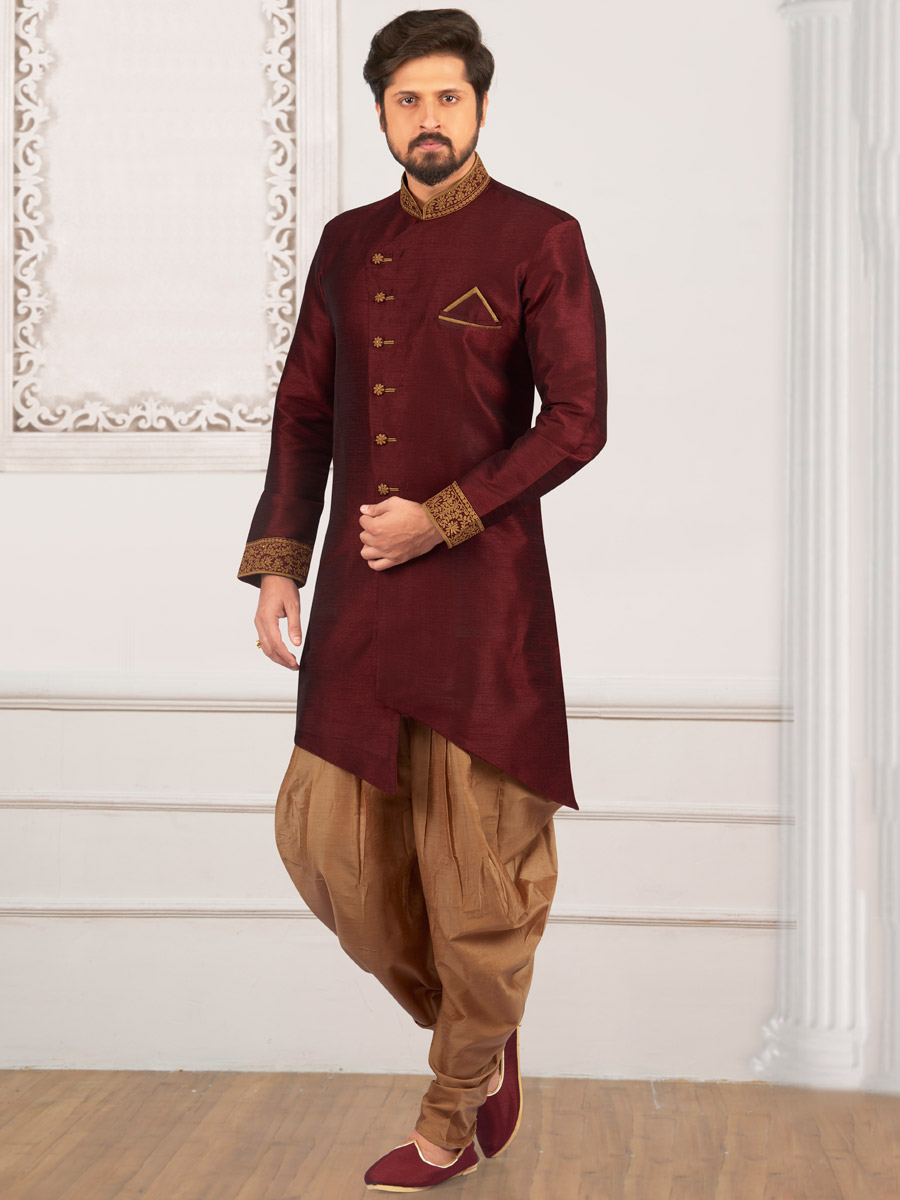 Maroon Art Banarasi Silk Embroidered Wedding Sherwani