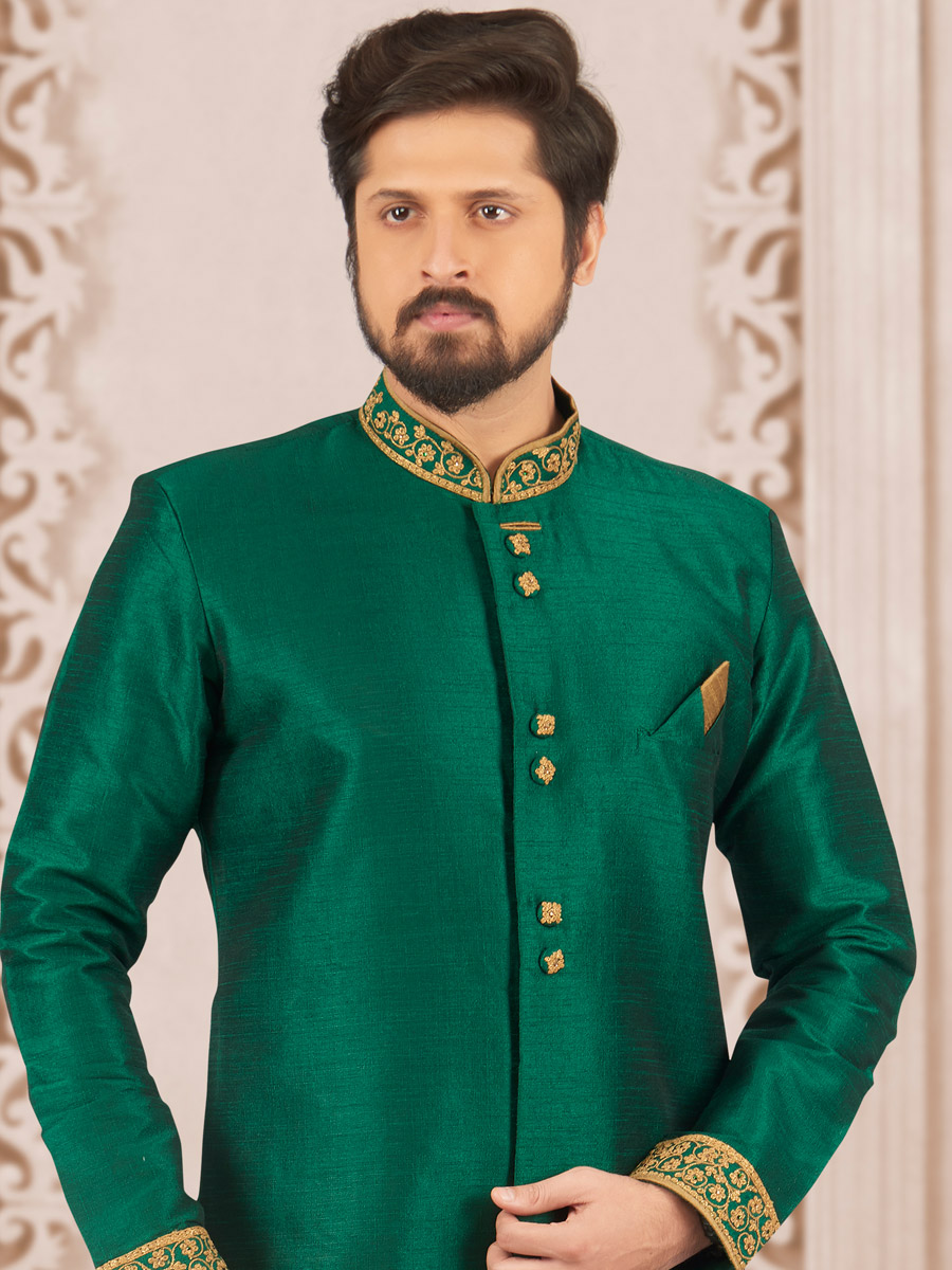 Hunter Green Art Banarasi Silk Embroidered Wedding Sherwani