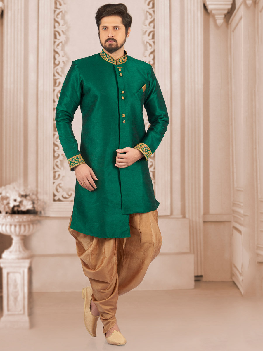 Hunter Green Art Banarasi Silk Embroidered Wedding Sherwani